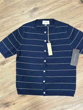 Korye Navy Striped Short-Sleeve Cardigan